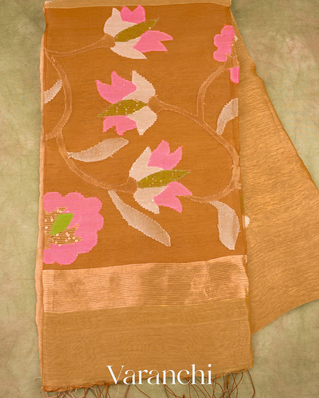 Caramel Jamdani Pure Silk Linen Handloom Saree