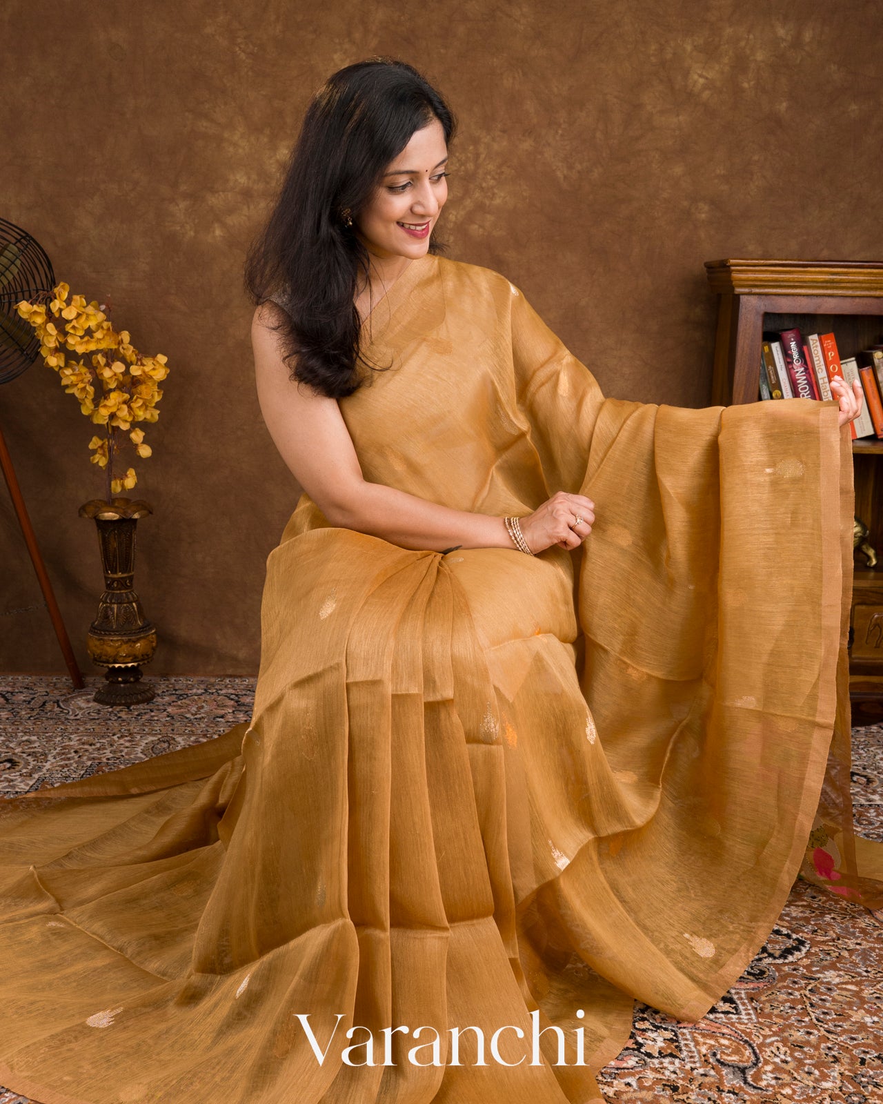 Caramel Jamdani Pure Silk Linen Handloom Saree