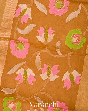 Caramel Jamdani Pure Silk Linen Handloom Saree