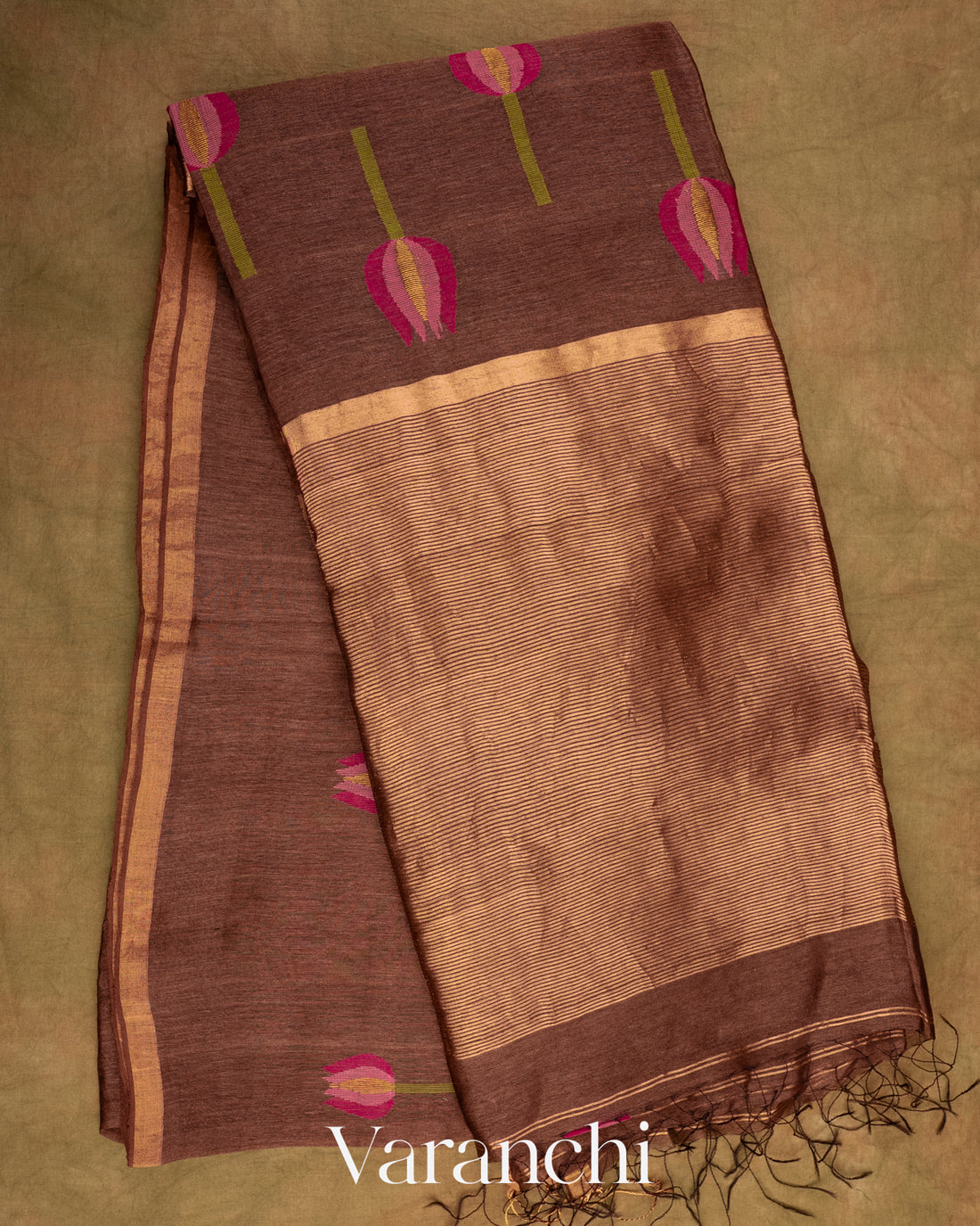 Chocolate Brown Jamdani Pure Silk Linen Handloom Saree