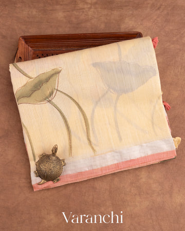 Ivory and Lotus Pink Hand Painted Design Pure Silk Linen Saree