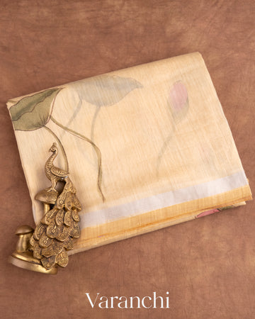 Ivory and Sandalwood Hand Painted Design Pure Silk Linen Saree