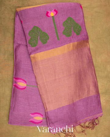Light Purple Jamdani Pure Tissue Silk Linen Handloom Saree