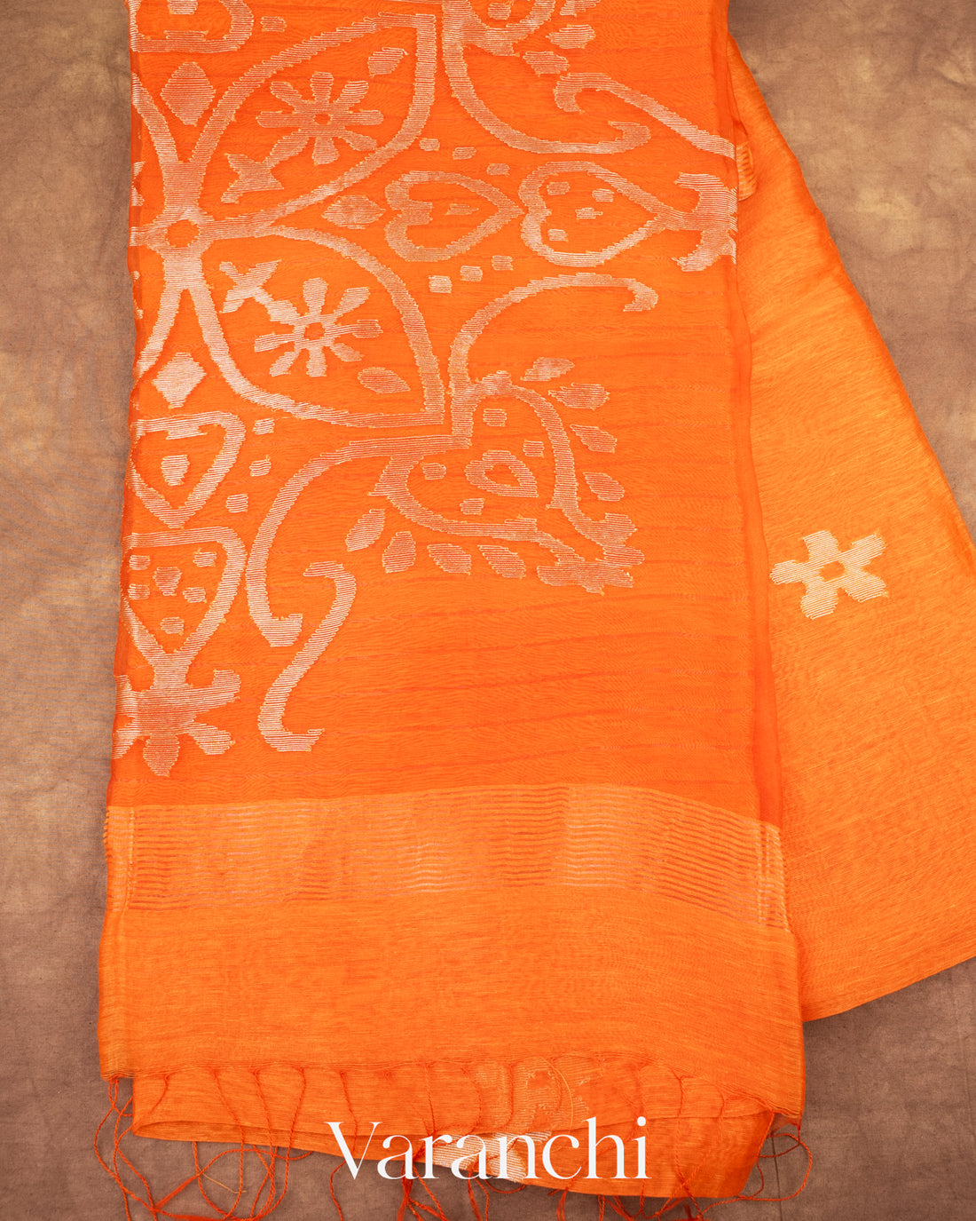 Burnt Orange Jamdani Pure Silk Linen Handloom Saree