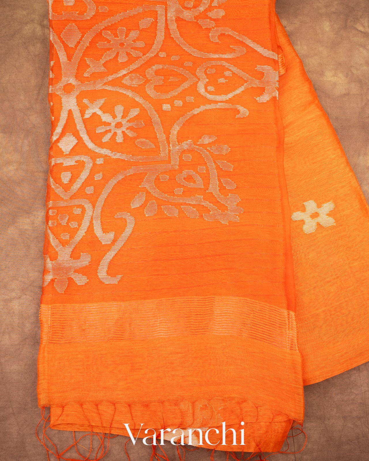 Burnt Orange Jamdani Pure Silk Linen Handloom Saree