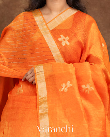 Burnt Orange Jamdani Pure Silk Linen Handloom Saree