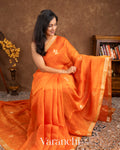 Burnt Orange Jamdani Pure Silk Linen Handloom Saree