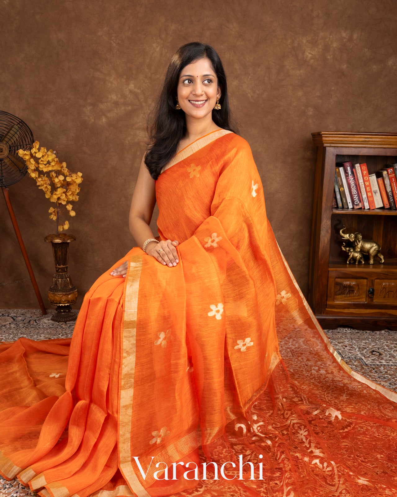 Burnt Orange Jamdani Pure Silk Linen Handloom Saree