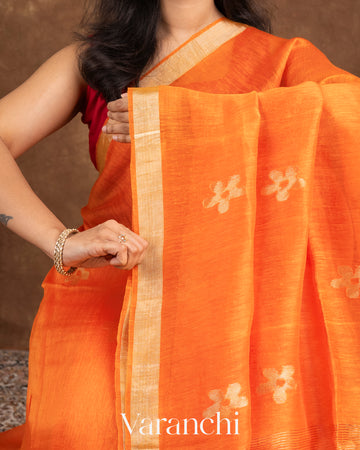 Burnt Orange Jamdani Pure Silk Linen Handloom Saree