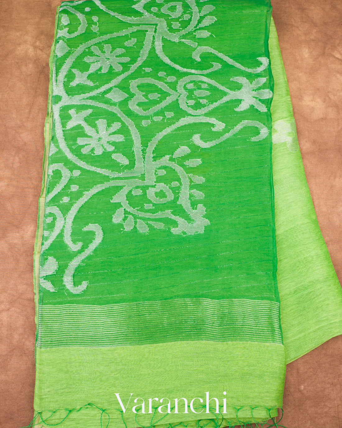 Parrot Green Jamdani Pure Silk Linen Handloom Saree