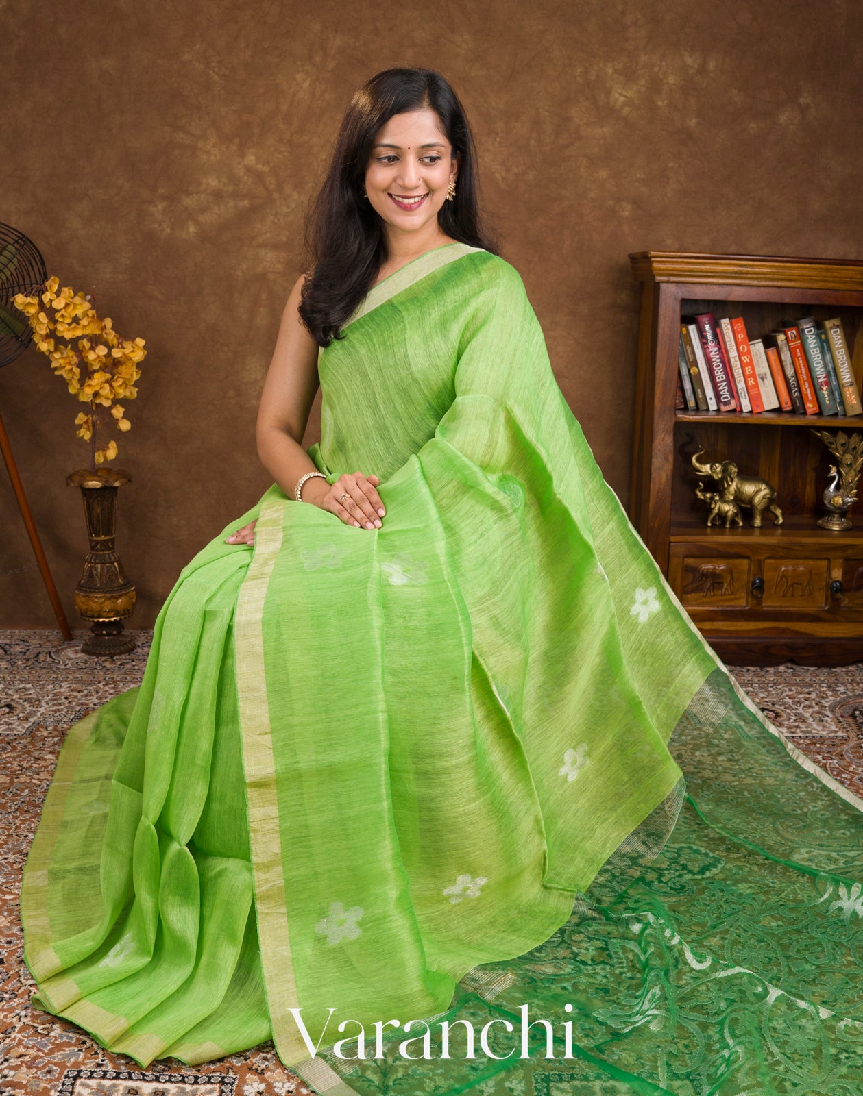 Parrot Green Jamdani Pure Silk Linen Handloom Saree