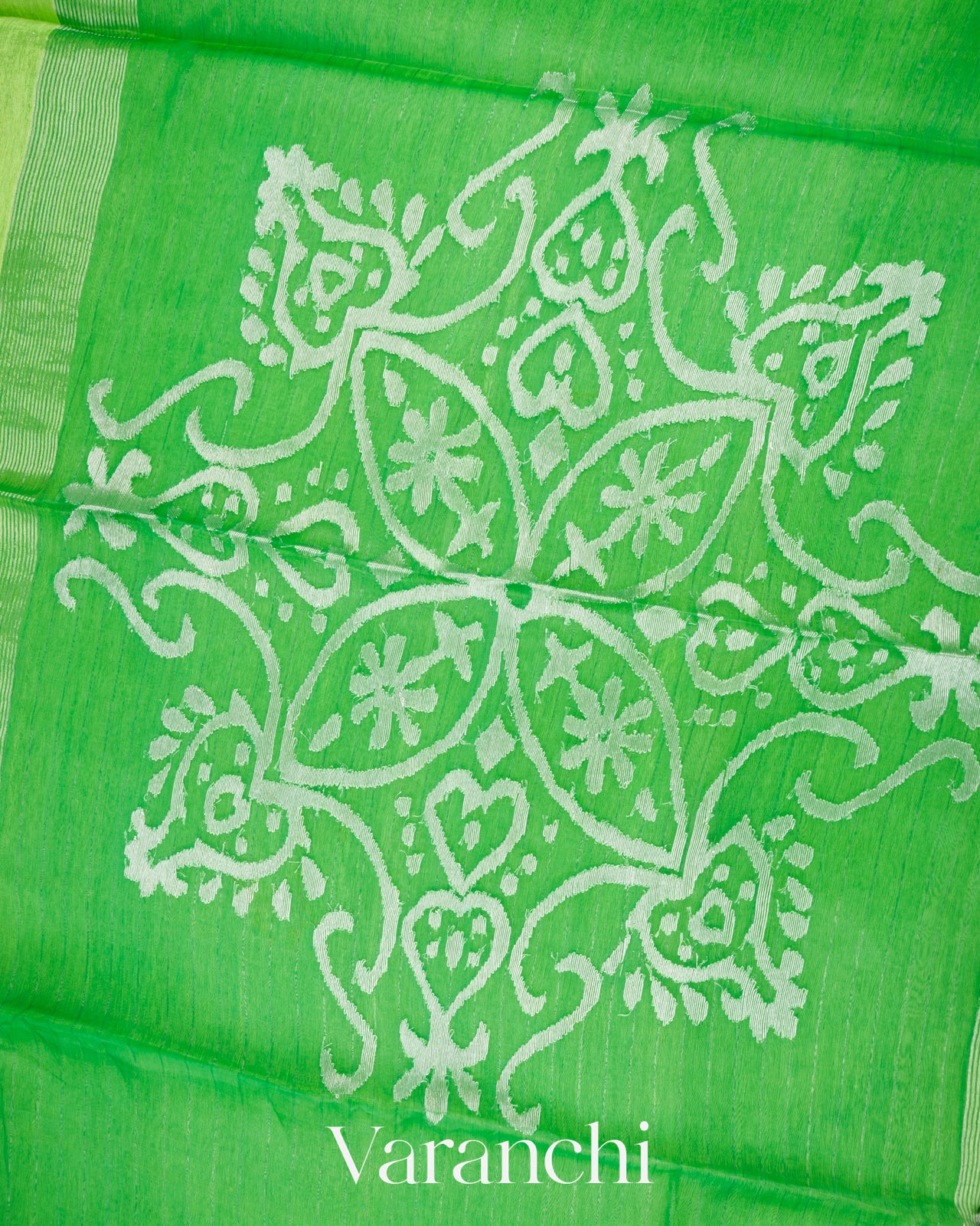 Parrot Green Jamdani Pure Silk Linen Handloom Saree