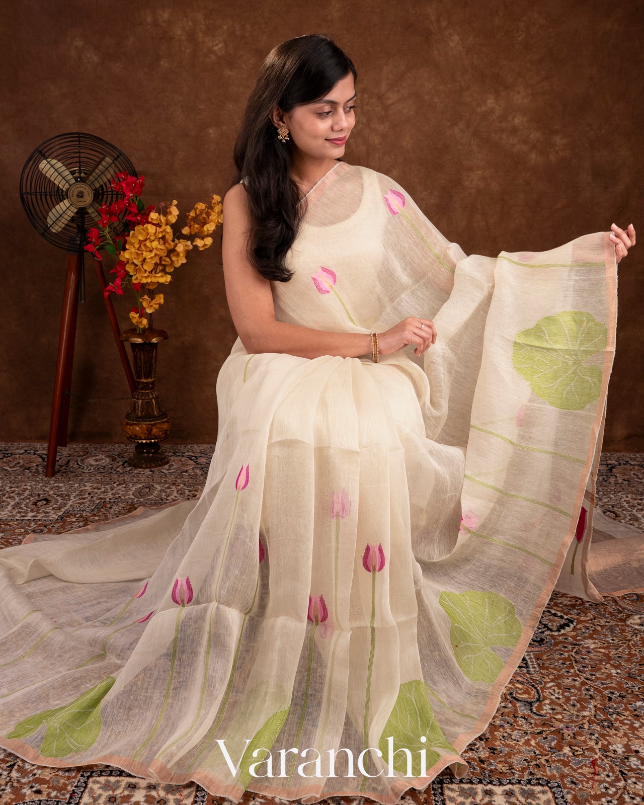 Off White Jamdani Pure Silk Linen Handloom Saree
