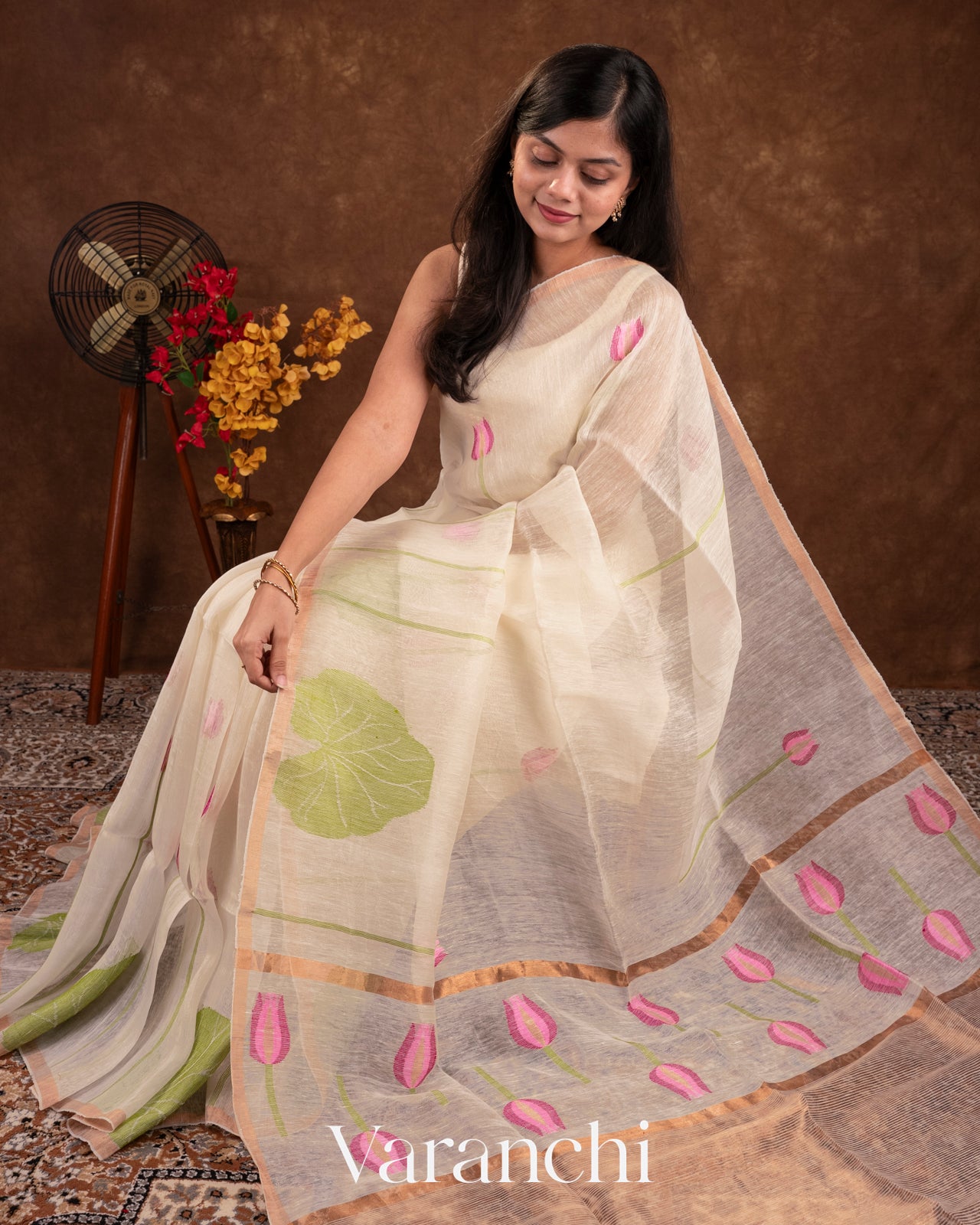 Off White Jamdani Pure Silk Linen Handloom Saree