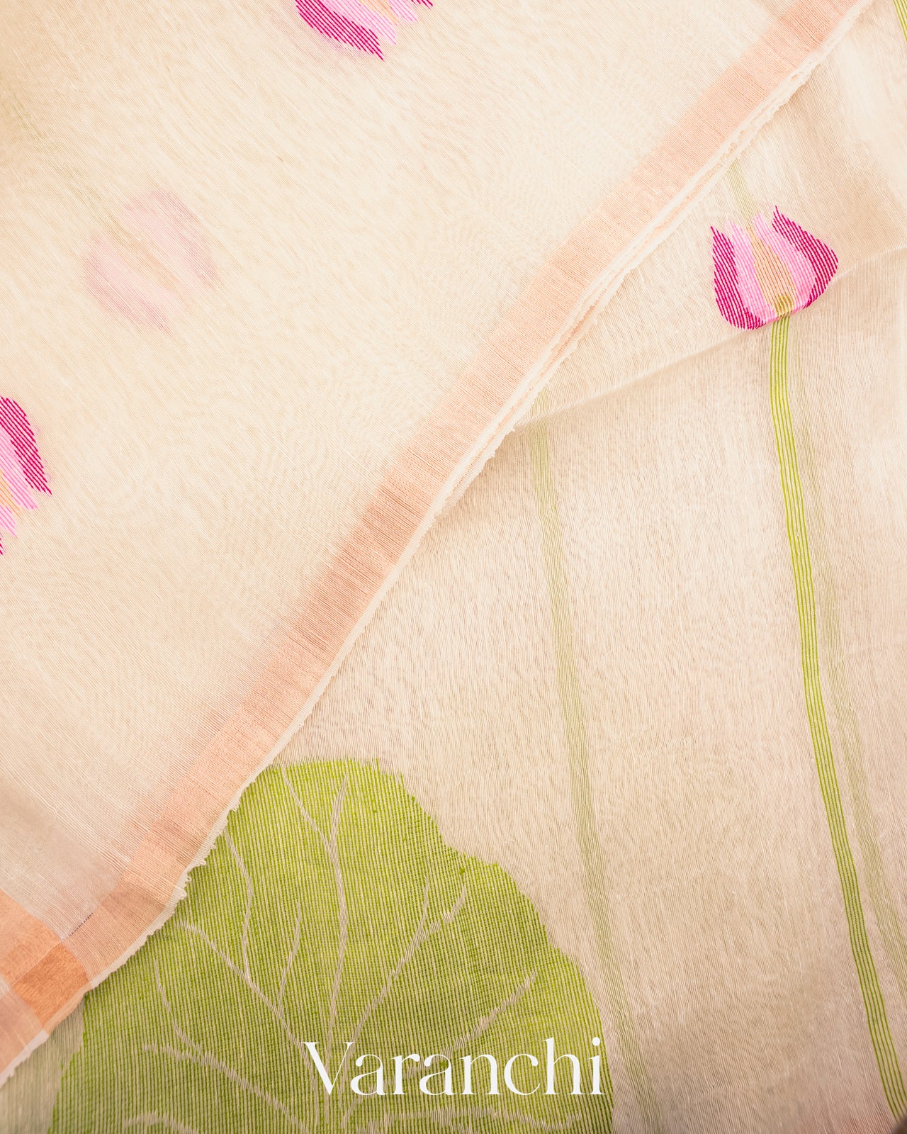 Off White Jamdani Pure Silk Linen Handloom Saree