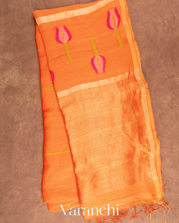 Bright Orange Jamdani Pure Silk Linen Handloom Saree