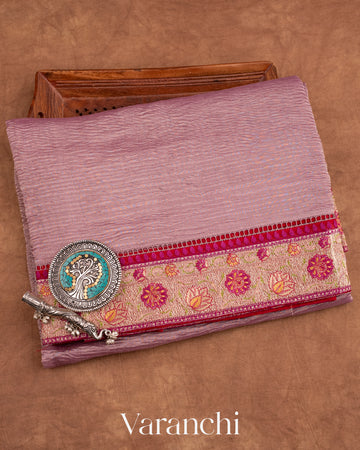 Mauve Pink with Paithani Embroidery Pure Crush Tissue Kora Silk Saree