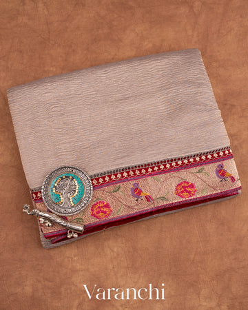Soft Grey with Paithani Embroidery Pure Crush Tissue Kora Silk Saree