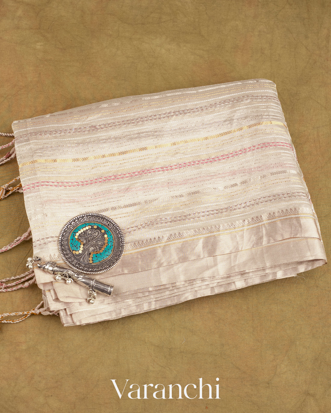 Pearl White Embroidered and Applique Pure Tissue Kora Silk Saree