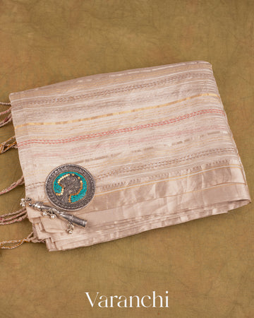 Pearl White Embroidered and Tissue Applique Pure Tissue Kora Silk Saree
