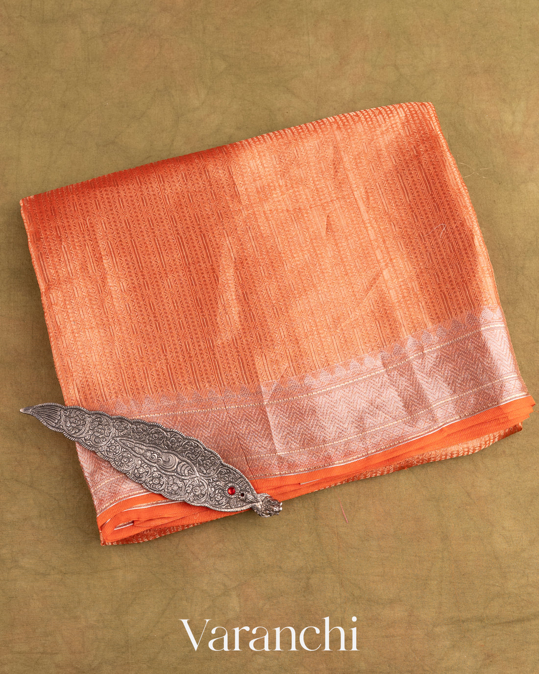 Orange Brocade Pure Tissue Kora Silk Saree