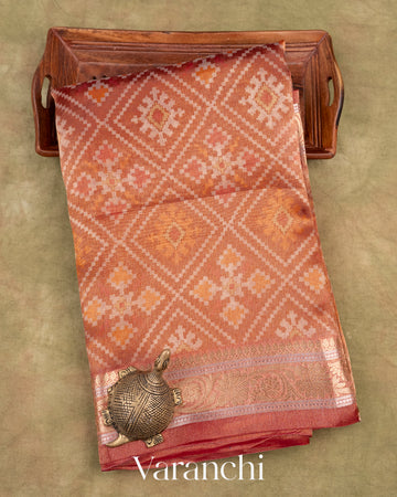 Reddish Brown Patola Printed Pure Tissue Kora Silk Saree