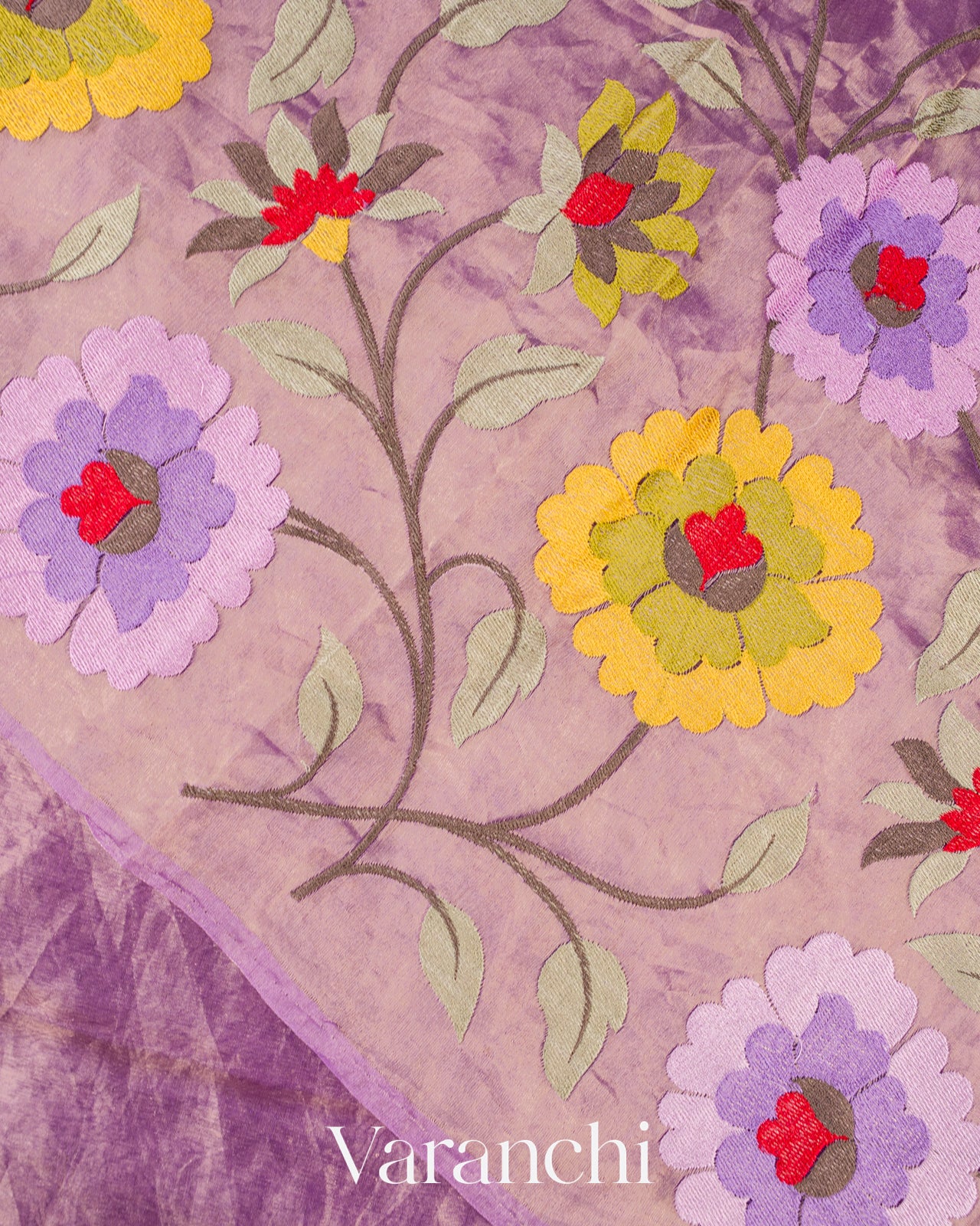 Purple Floral Embroidered Pure Tissue Kora Silk Saree