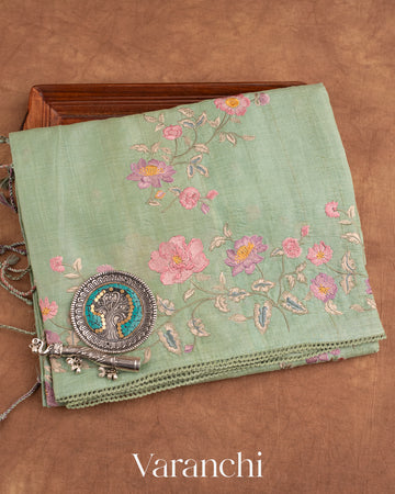 Muted Sage Green Floral Lehariya Embroidered Pure Tussar Silk Saree