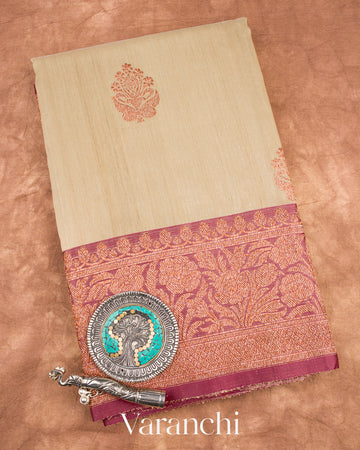 Beige Pure Tussar Silk Handloom Saree