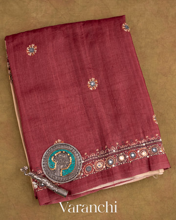 Maroon Mirror Hand-Embroidered Pure Tussar Silk Handloom Saree