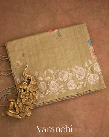 Antique Gold Digital Printed and Embroidered Pure Tussar Silk Saree