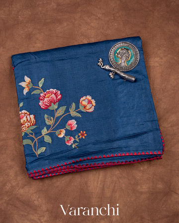 Royal Blue Pure Tussar Silk with Embroidered Handloom Saree