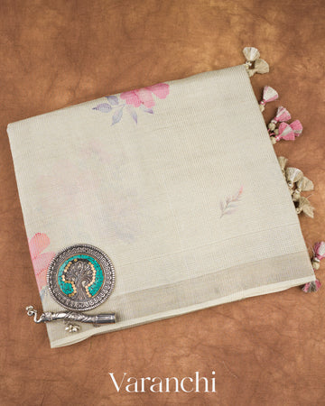 Pale Silver Digital Printed Pure Tussar Tissue Silk Saree