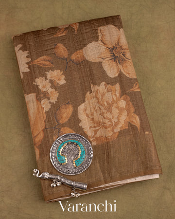 Brown Floral Printed Pure Tussar Silk Saree
