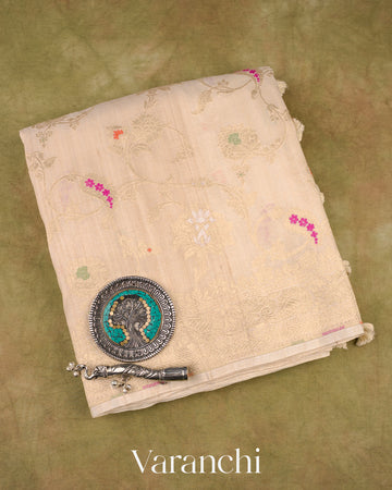 Off White Pure Tussar Georgette Silk Handloom Saree