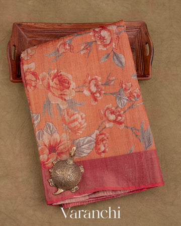 Dusty Orange Floral Printed Pure Tussar Silk Saree