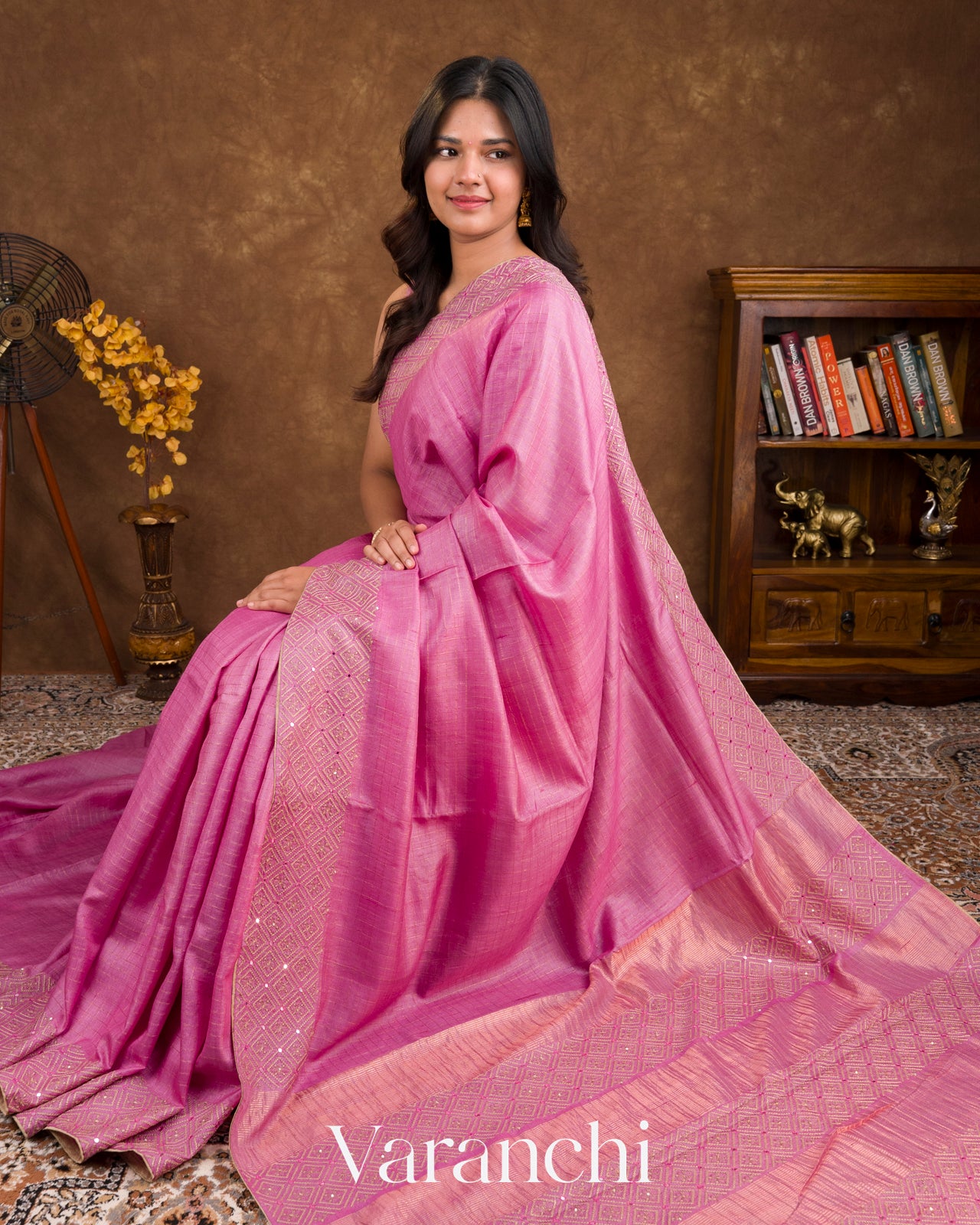 Pink Mirror Hand-Embroidered Pure Tussar Silk Handloom Saree