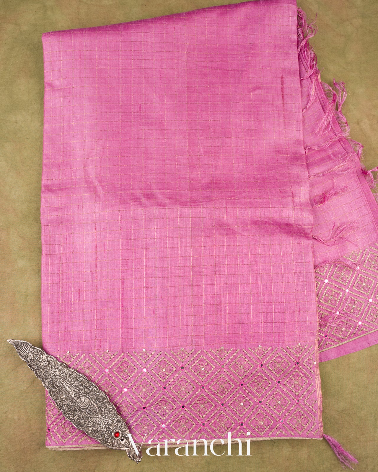 Pink Mirror Hand-Embroidered Pure Tussar Silk Handloom Saree