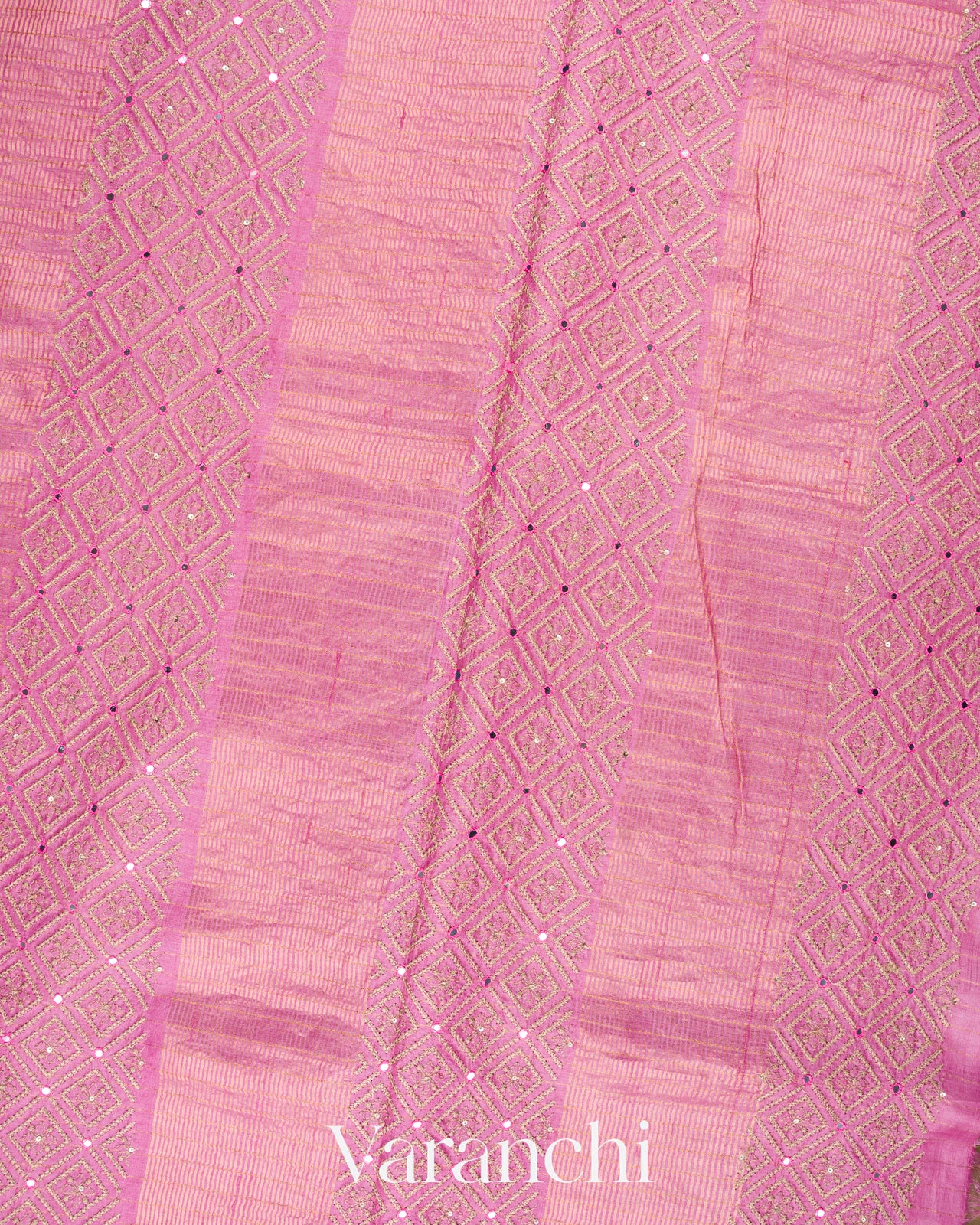 Pink Mirror Hand-Embroidered Pure Tussar Silk Handloom Saree