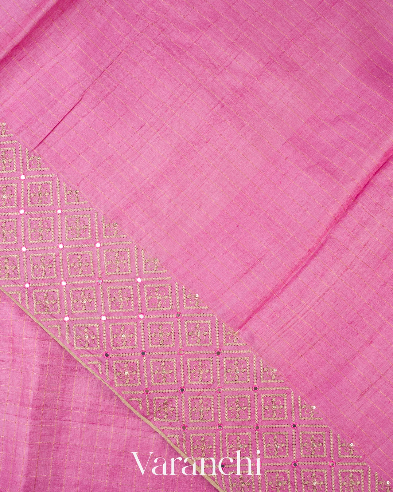 Pink Mirror Hand-Embroidered Pure Tussar Silk Handloom Saree