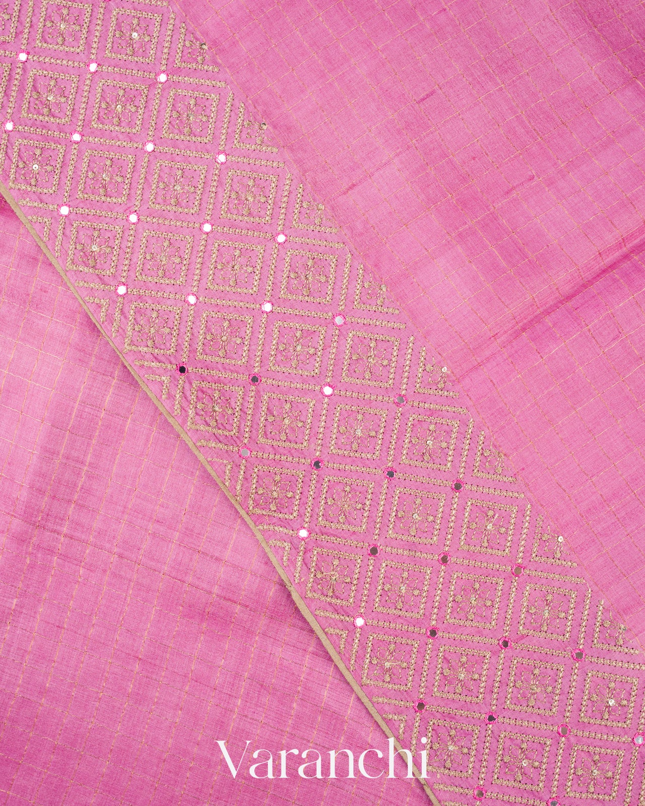 Pink Mirror Hand-Embroidered Pure Tussar Silk Handloom Saree