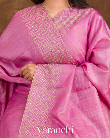 Pink Mirror Hand-Embroidered Pure Tussar Silk Handloom Saree