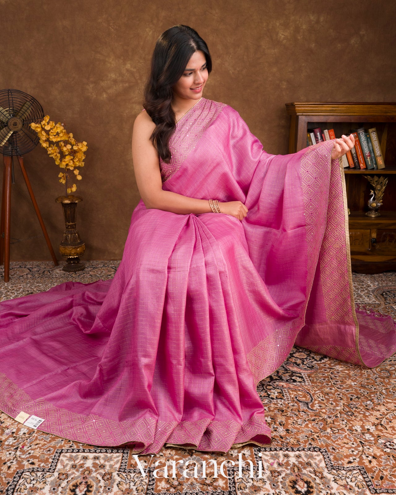 Pink Mirror Hand-Embroidered Pure Tussar Silk Handloom Saree