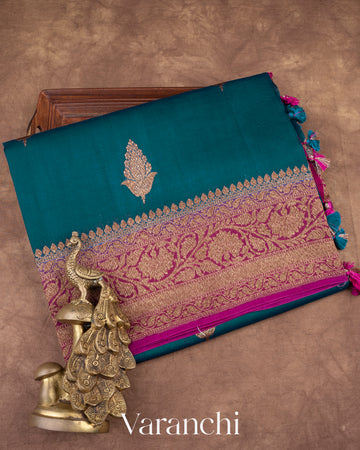 Peacock Blue Pure Kora Silk Handloom Saree