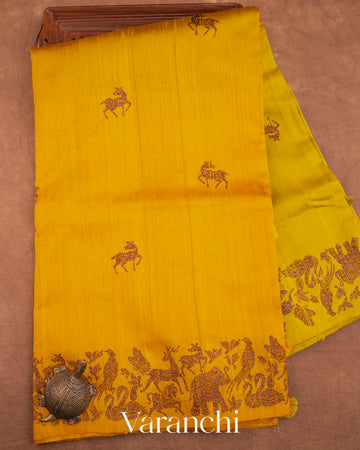 Turmeric Yellow and Olive Yellow Ombre-Dyed Raw Silk Handloom Saree