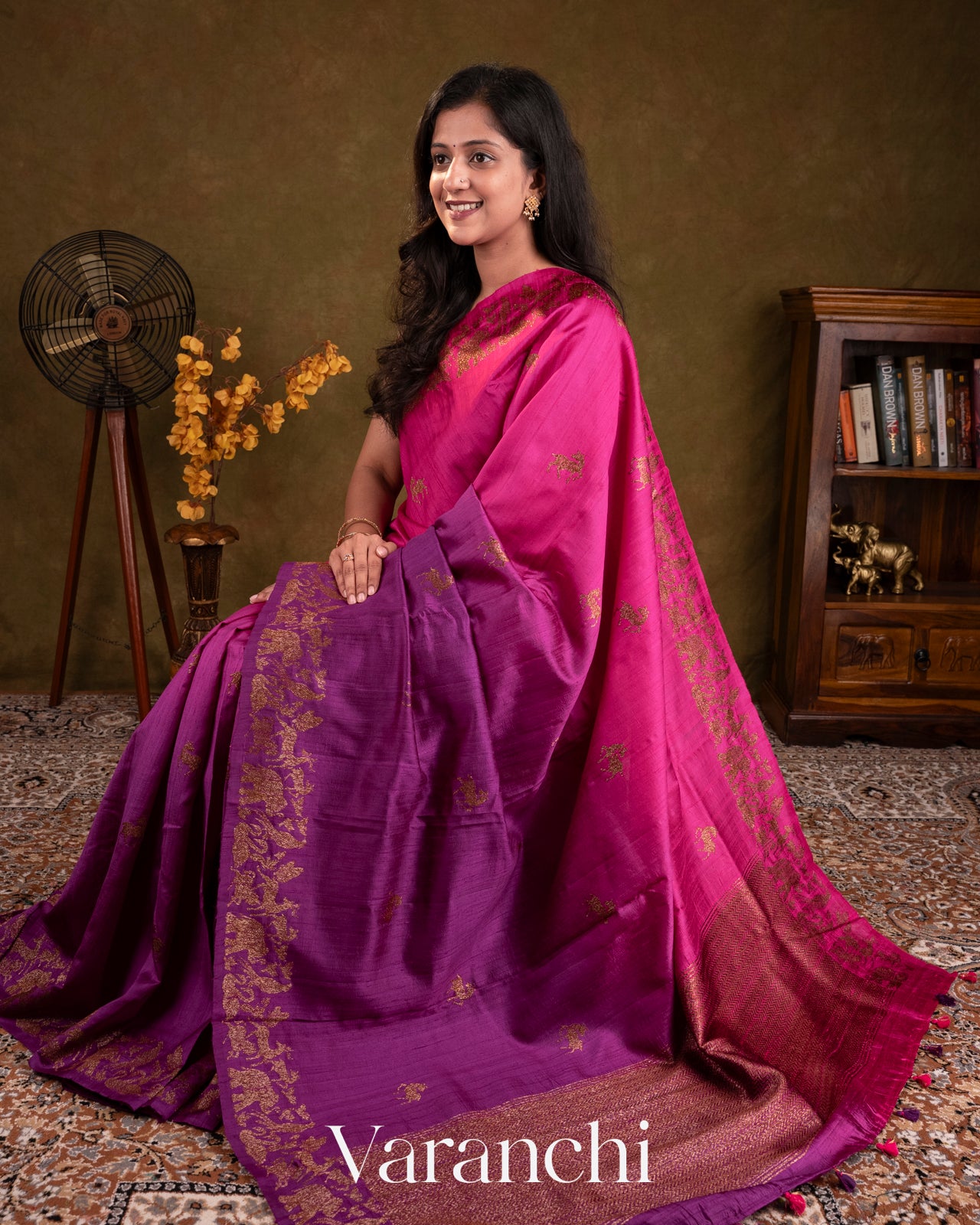 Purple and Rani Pink Ombre-Dyed Raw Silk Handloom Saree
