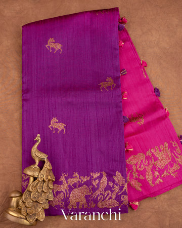 Purple and Rani Pink Ombre-Dyed Raw Silk Handloom Saree