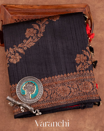 Black Lehariya Pure Raw Silk Handloom Saree