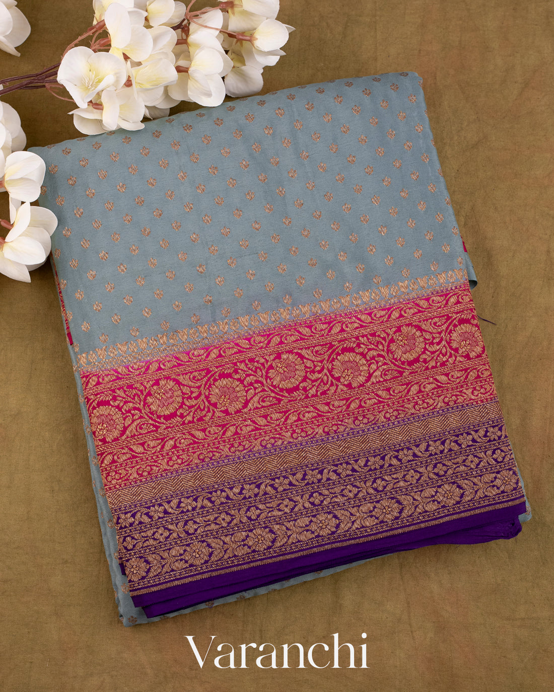 Powder Blue Pure Crepe Silk Handloom Saree