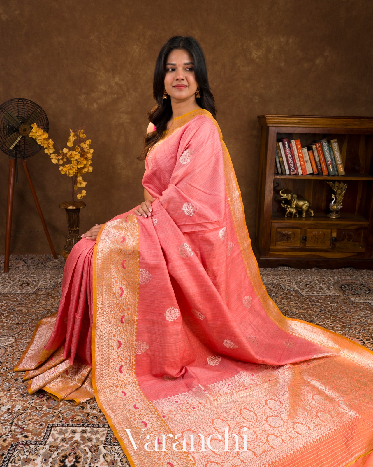 Coral Pink Pure Dupion Silk Handloom Saree